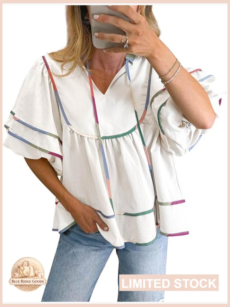 V-Neck Babydoll Top Lantern Sleeve Peplum Blouse Lightweight Cotton Summer